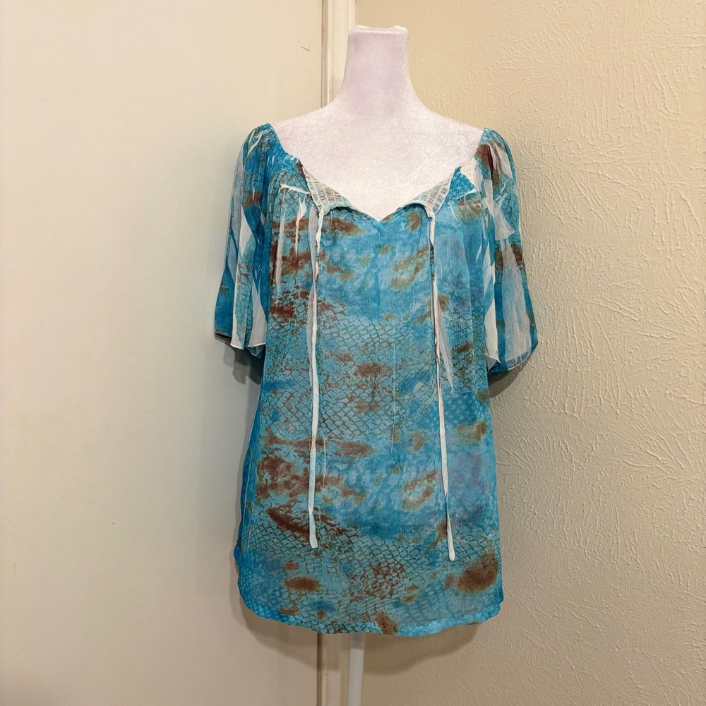 Blue Sheer Snakeskin Print Off Shoulder Peasant Fairycore Blouse Whimsical Sz S